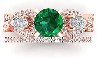 Clara Pucci Custom Engraved 14K Rose Gold Engagement Ring with 2.0ct Round Pear cut Faux Green Emerald and Side Stones, Bridal Set for Her, Size 3.5