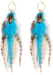 Handmade Natural Feather Dangle Earrings with French Wire Back Finding - Lureme Indiana Style Multicolor Jewelry (er005514)
