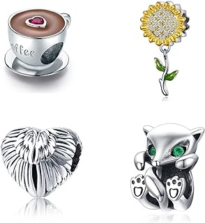 Dainty Charm Bracelet with Alloy Metal Round Clasp, BABAMIA 4/5pcs Set - Love Heart, Airplane, Planet, Sunflower, Coffee Cup Charms for Women and Girls