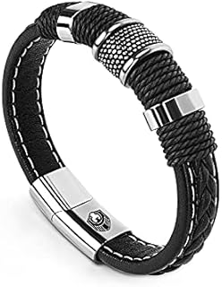 Men's Stainless Steel & Leather Braided Cuff Bracelet with Magnetic Clasp - Vintage Punk Design - Ideal Gift