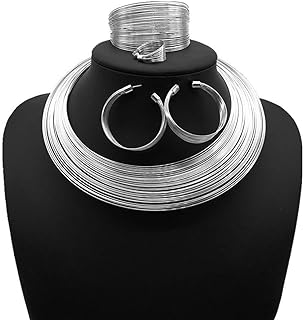 Ball Clasp Silver Metal Tribal-Design Choker Necklace, Cuff Bracelet, Open Hoop Stud Earrings - Statement Jewelry Set for Women & Girls by Barode