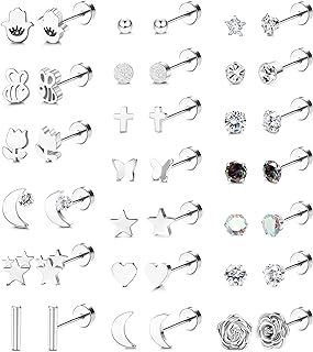 Kakonia 20 Pairs Small Stud Earrings for Women Men Stainless Steel Flat Back Earrings for Cartilage 20G Flatback Cartilage Earrings CZ Star Moon Butterfly Flower Evil Eye Silver Stud Earrings Set