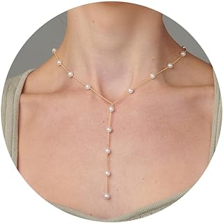 Elegant 14K Gold Plated Pearl Necklace with Cuban Chain and Lobster Clasp for Women, Dainty Y-Patterned Design, 16.5 inches