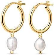 Amberta 925 Sterling Silver Freshwater Pearl Hoop Earrings with Hinged Hoop Back Finding