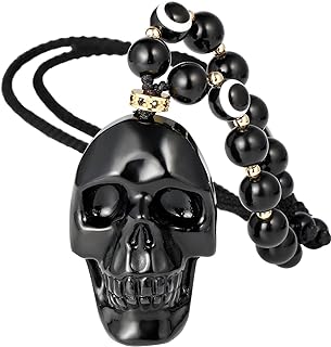 Black Obsidian Skull Evil Eye Pendant Necklace for Men and Women with Rolo Chain, Unisex Style, Durable Zinc & Stone Material - Perfect Gift