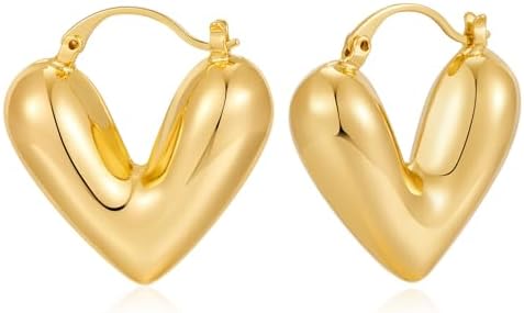 WOWORAMA Gold Heart Hoop Earrings for Women Trendy Puffy Chunky Heart Earrings Lightweight Hollow Heart Earrings Love Valentines Earrings Gifts