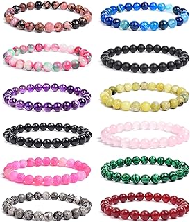 Semi-Precious Gemstones Bead Chain Stretch Bracelets for Women and Men - BOMAIL 12pcs Healing Crystal Bracelet Set with No Clasp