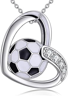 Rolo Chain Football Pendant Necklace with Zircon for Sports Lovers - Sterling Silver Heart-shaped Jewelry Gift for Women and Girls