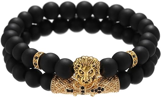 2 Pcs Lion Bracelet for Men Natural Beaded Bracelet Black Beads Bracelet Lion Beaded Stone Bracelet Good Luck Bracelet Jewelry Gift for Boys