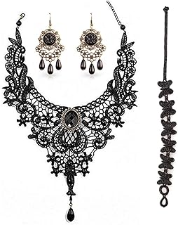 Black Lace Necklace and Earrings Set, Gothic Lolita Black Pendant Choker for a Halloween Costume and Wedding (Black)