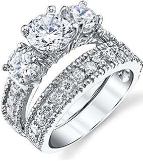 Metal Masters 1.25 Carats Sterling Silver Past Present Future 2-Pc Bridal Set Cubic Zirconia Engagement Wedding Ring Band