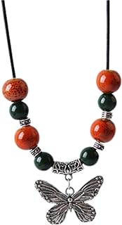 Butterfly Ceramic Beads Necklace Bohemian Butterfly Pendant Necklace Vintage Braid Rope Long Butterfly Necklace for Women Girl Jewelry