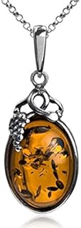 Amber Necklace Sterling Silver Grape Vine Oval Pendant 18 Inches