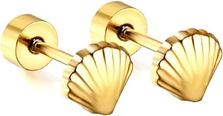20G Shell Seashore Screw Back Small Stud Earrings for Women Girls Minimalist 14K Gold Plated Surgical Steel Seashell Cartilage Tragus Piercing Sleeper Studs Hypoallergenic for Sensitive Ears Gift
