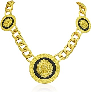 Cuban Link Chain Gold Lion Head Pendant Necklace with Box Clasp for Men and Women, Cubic Zirconia Embellished - Hip Hop Style Statement Jewelry