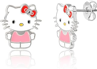 Hello Kitty Earrings for Women Official License, Silver Flash-Plated and Enamel Hello Kitty Studs with Pink Crystal
