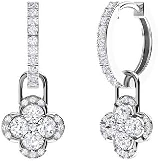 Diamondere Certified Diamond Hoop Earrings with Lever Back and Dangling Flower Design in 14K White Gold
