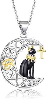 Bastet Black Cat Egyptian Pendant with Rolo Chain, Cubic Zirconia Accents, Hypoallergenic Brass Necklace for Women and Girls - Ankh Eye of Horus Design