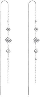 Sterling Silver Plated Dangle Threader Earrings with Cubic Zirconia for Women and Teen Girls