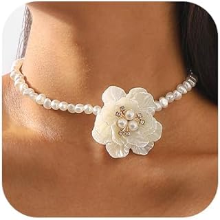 Gangel Big Flower Necklace Choker Pearl Choker Necklace White Flower Necklaces Choker Vintage Floral Choker Prom Flowers Necklace Jewelry for Women and Girls