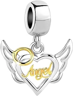 MiiFort Angel Wing Love Heart Charm Compatible with Pandora Bracelets Towtone Gold Silver Religion Cross God Women Daughter