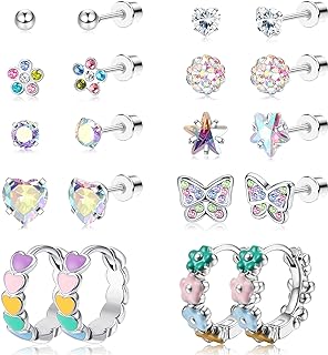 Screw Back Girls Stud Earrings - 316L Stainless Steel Hypoallergenic Cubic Zirconia Jewelry for Women and Girls in Heart, Flower, Butterfly, and Hoop Design
