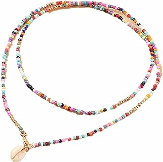 tenghong2021 Boho Colorful Beaded Shell Choker Necklace Beach Seed Beads Necklaces for Women Teen Girls Multi Color Shell Pendant Bead Layered Neck Chain Jewelry