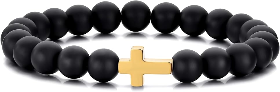 MOO&LEE Beaded Cross Bracelet for Men 8mm White and Black Bead Gold Cross Bracelets Unisex