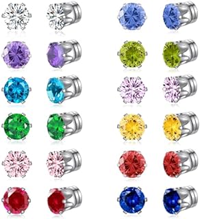Unisex Spiritlele 12-Pair Birthstone Non-Pierced Magnetic Earrings Set with Round Cubic Zirconia - Clip On Attractive Accessory