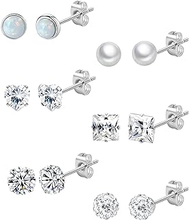 Staligue 5MM Titanium Earrings for Women men,20G Titanium Stud Earrings for Sensitive Ears Hypoallergenic Opal Pearl Cubic Zirconia Small Surgical Steel Earrings Silver Stud Earrings Set for women