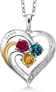 Build Your Own 925 Sterling Silver and 10K Yellow Gold Engraved Customized and Personalized 3-Stone Round Gemstone Birthstone and White Lab Grown Diamond Pendant Necklace For Women with 18 Inch Chain