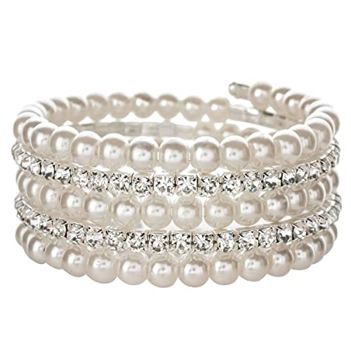 Handmade Crystal Pearl Elastic Bangle Gold Silver Multilayer Freshwater Pearl Bracelet Sparkling Stackable Crystal Bracelets for Women Girl Wedding Jewelry