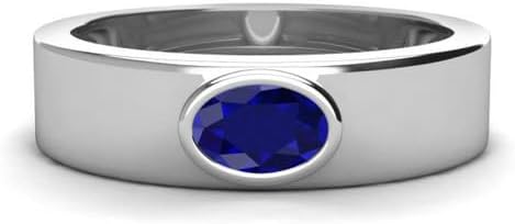 2 CT Oval Simulated Blue Sapphire Bezel Engagement Ring, 14K White Gold Plated on Sterling Silver, Size 7