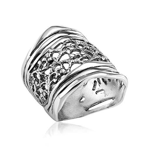 925 Sterling Silver Shield Ring Lace Look, Multi Textured, Oxidized, Vintage Look Stylish Hypoallergenic, Nickel and Lead-free, Artisan Handcrafted Designer Collection Made in Israel (Size 5-11)