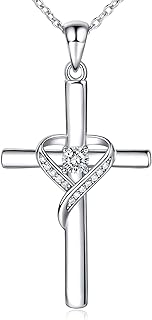 AmorAime Large 925 Sterling Silver Cross Pendant Necklace with Cubic Zirconia Heart for Women, Cable Chain with Lobster Claw Clasp