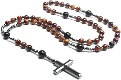 Handcrafted Rosary Necklace Featuring Natural Stone and Hematite Beads Stylish Beaded Cross Necklace for Both Men and Women