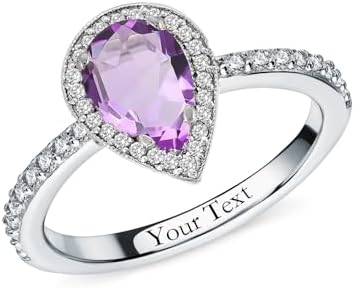 1Ct Genuine Gemstone Promise Band Ring 925 Sterling Silver Teardrop Shape Birthstone Statement Ring with Customize Name Engagement Ring for Valentines Day Anniversary Women Gifts