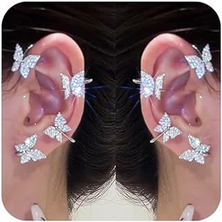 Butterfly Ear Cuffs Earrings Rhinestone Butterfly Ear Wrap No Piercing Eae Cuff Clip On Earrings for Women Girls (Silver)