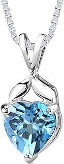 PEORA Swiss Blue Topaz Pendant Necklace for Women 925 Sterling Silver, Natural Gemstone, 3 Carats Heart Shape 9mm with 18 inch Chain