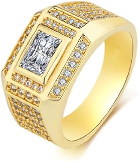 18k Gold Plated Cuban Style Iced Out Hip Hop Ring with AAA Cubic Zirconia for Men, Emerald Square Cut Design