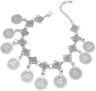 Vintage Boho Coin Disc Beaded Chain Fringe Bracelet for Women Girls,Antique Gold Carved Tassel Cuff,Western Cowgirl Boho Ethnic Chunky Fringe Bangle,Tribal Native American Hippie Jewelry(silver)