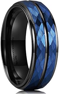 King Will Hammer 6mm/8mm Blue Hammered Tungsten Carbide Ring Black Two Tone Wedding Band Groove Step Edge
