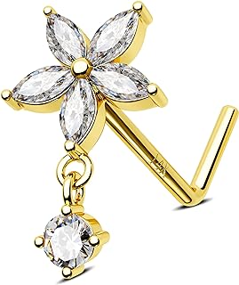 Jewseen 14K Gold Nose Ring Flower Nose Stud L Shaped 20G Nose Rings Nose Piercing Jewelry Nose Screw Nostril Piercing Nostril Ring with CZ Gold Nose Bone Dangle Nose Ring for Women Men