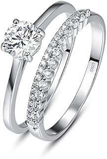 Platinum-Plated 925 Sterling Silver Solitaire Wedding Ring Set with Cubic Zirconia for Women, Round Shape Design, Sizes 5-10