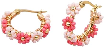 Hypoallergenic Hinged Hoop Sonateomber Handmade Beaded Earrings - Colorful Seed Beads Flower Design in Stainless Steel for Women and Girls - Perfect Holiday Jewelry Gift