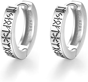 Hinged Hoop Viking Rune Sterling Silver Earrings for Men and Women with Norse Design