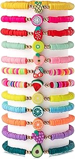 12pcs Fruit Clay Bracelets, Colorful Surfer Disc Beaded Stretch Rope Bracelet for Girls Kids, Friendship Elastic Boho Women Child Play Jewelry Charms for Summer Beach Birthday Vacation Favor
