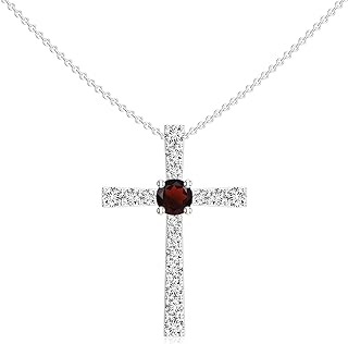 Lobster Clasp Sterling Silver Pendant Necklace with Garnet and Diamond, Women's Cross-Shaped Design