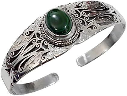 Unisex 925 Sterling Silver Cuff Bracelet - Handcrafted with Malachite Gemstone & Link Chain - Adjustable Lightweight Design Ideal for Gifts