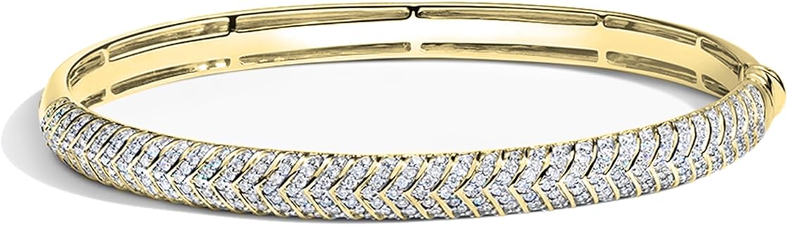 10K Yellow Gold Chevron Style Bangle Bracelet with Box Chain and Lab Grown White Diamond for Women